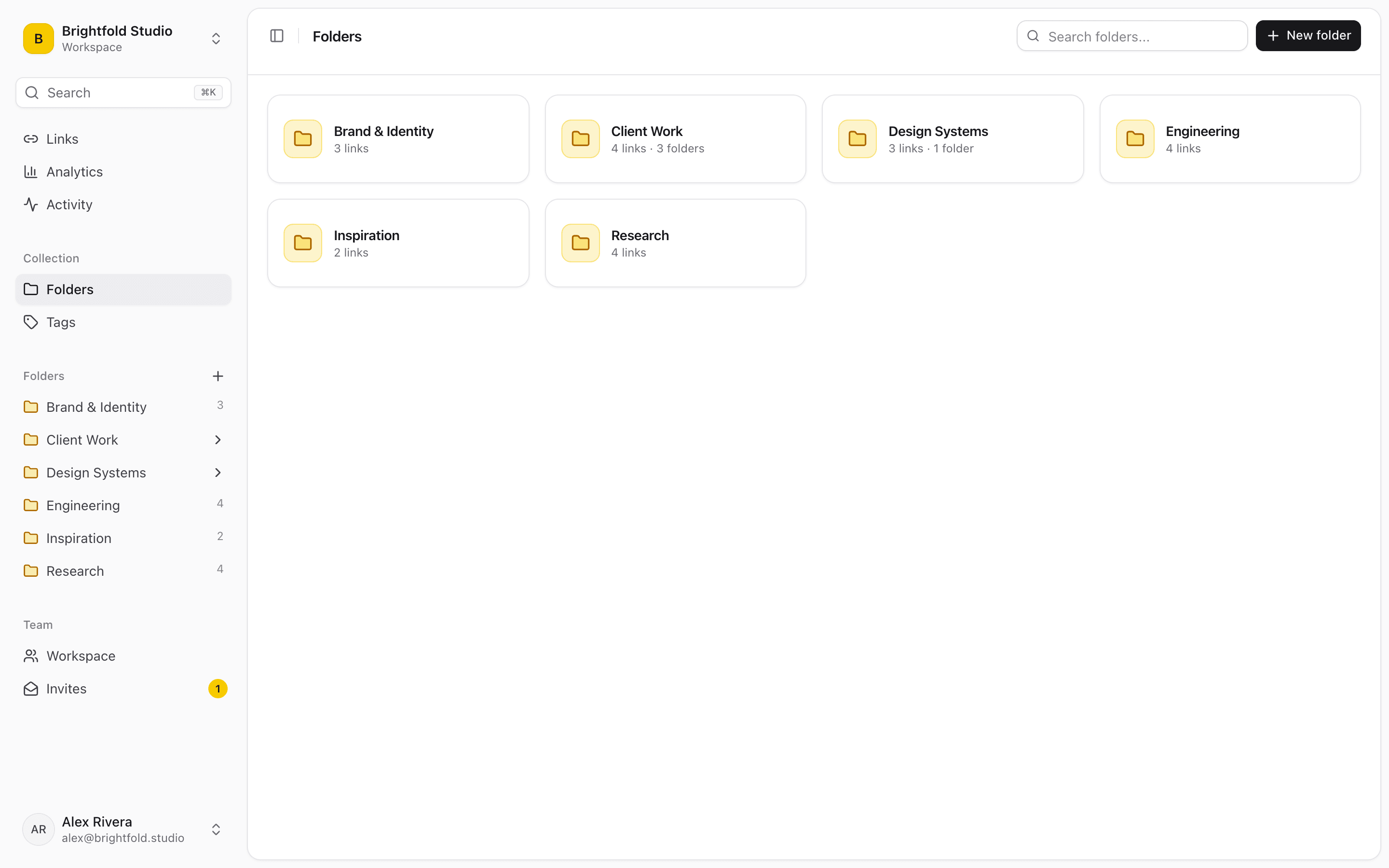 Linkbry folders, with one folder per project and technology stack.