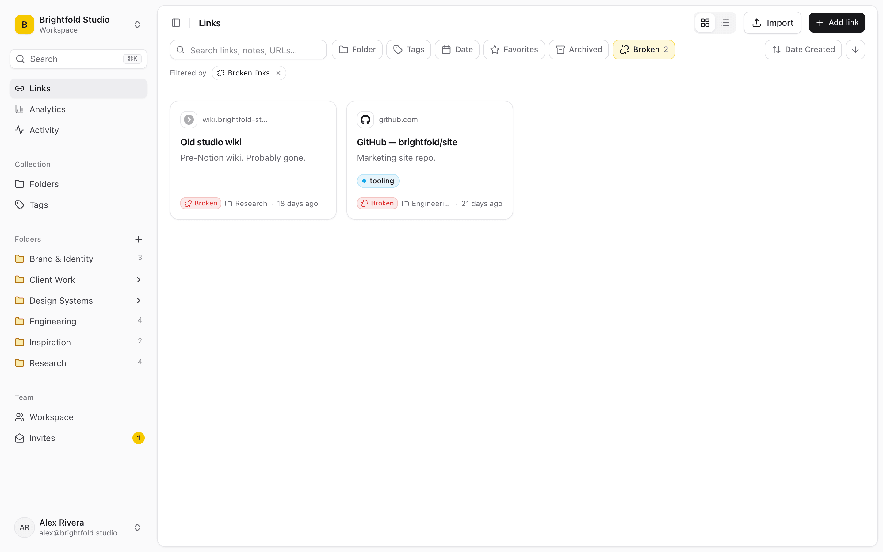 The links view filtered to Broken links, showing two cards marked Broken: “Old studio wiki” in Research and “GitHub — brightfold/site” in Engineering.