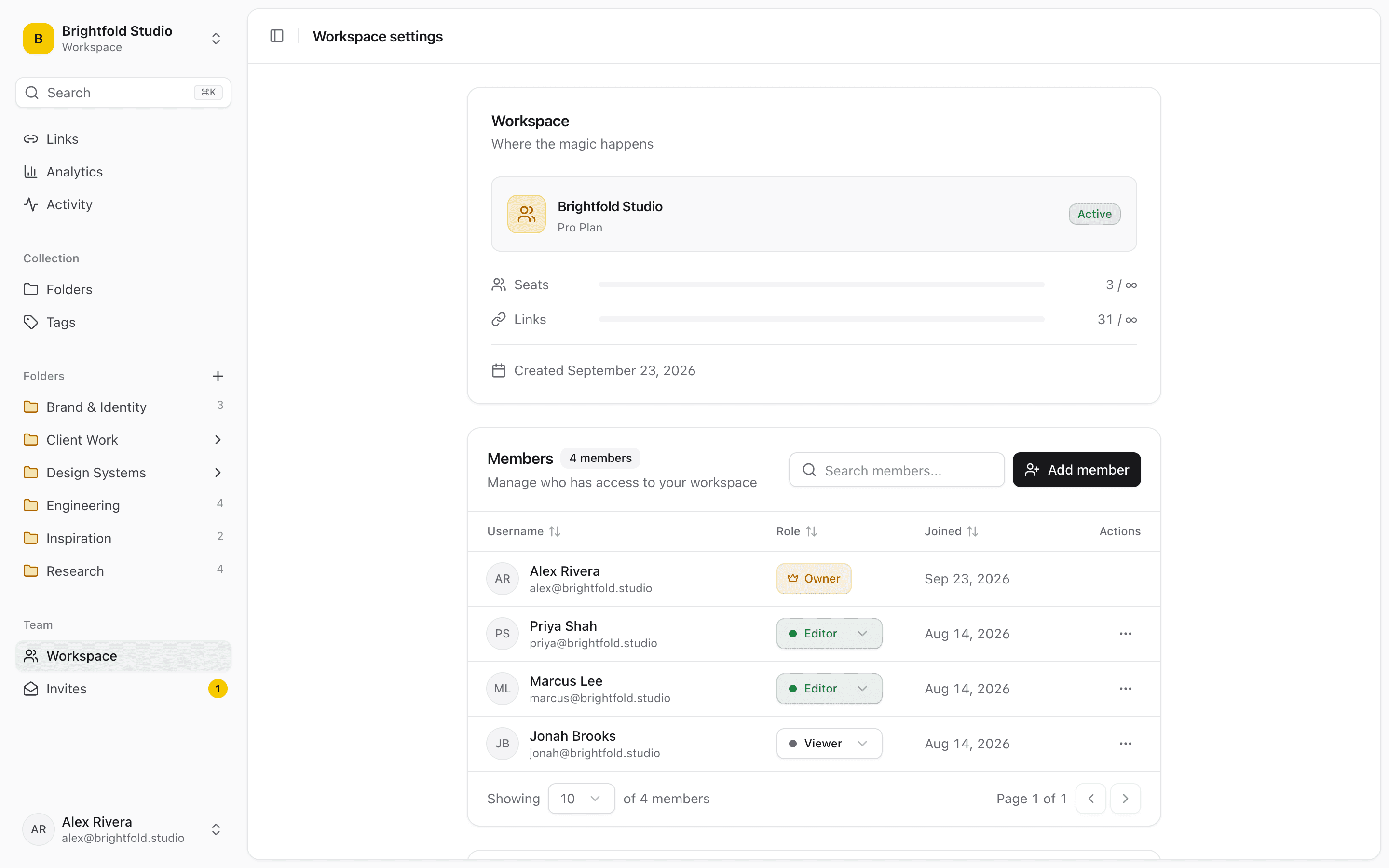 Linkbry workspace settings showing members and their roles.