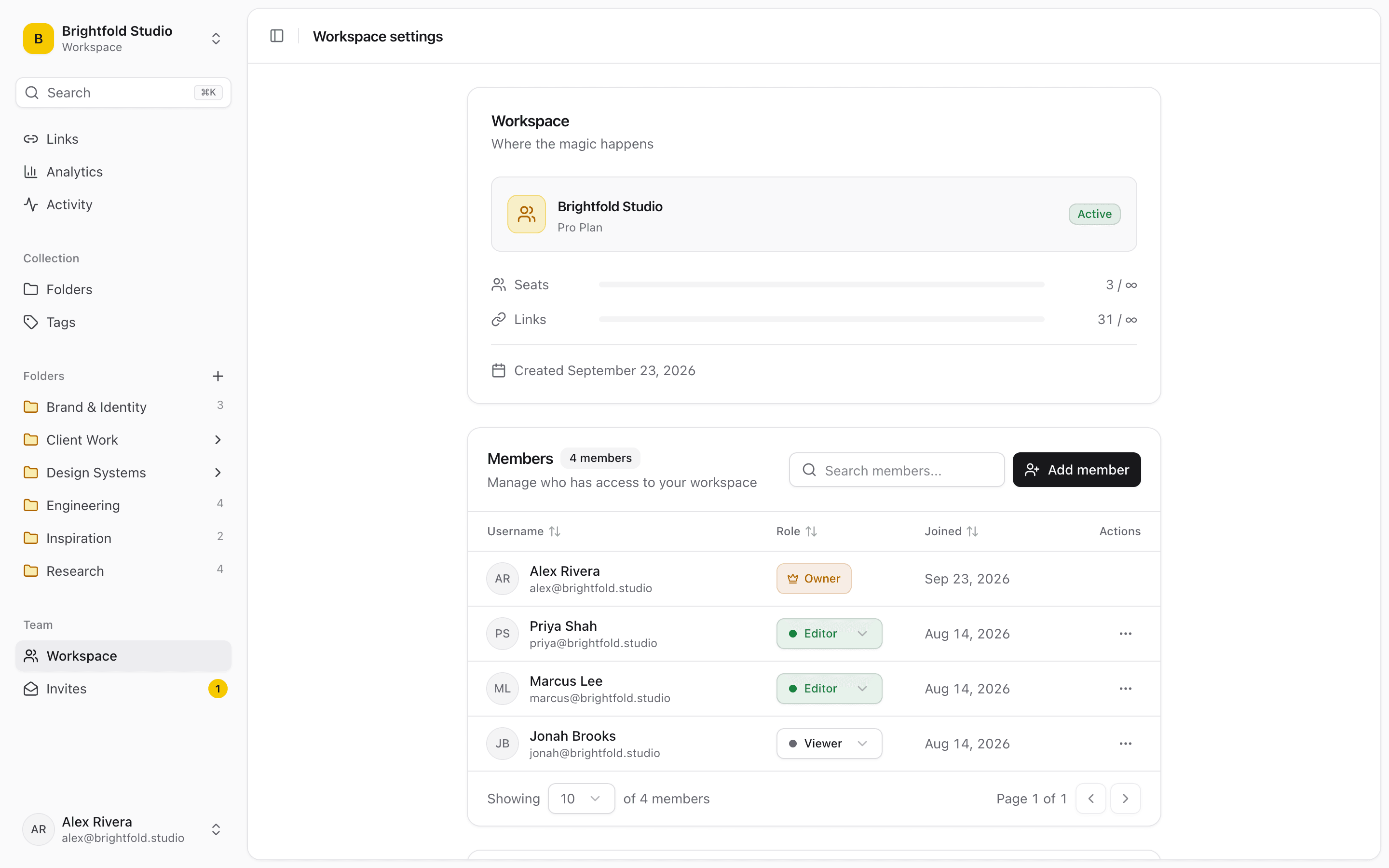 Linkbry workspace settings, listing team members and their roles.