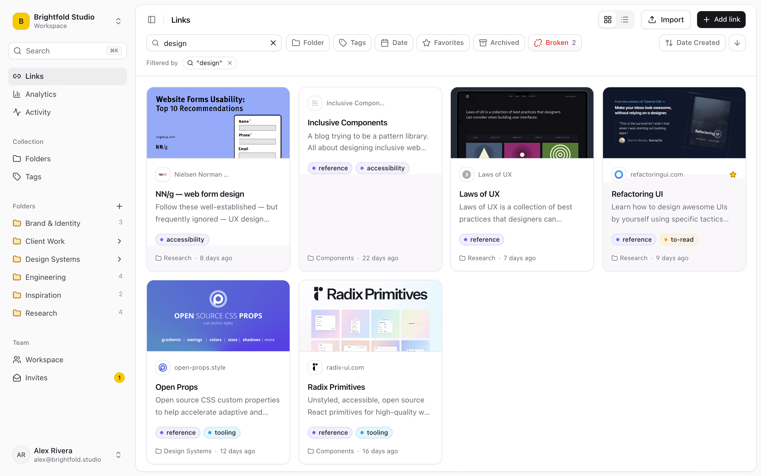 Linkbry search and filters narrowing a library down to matching links.