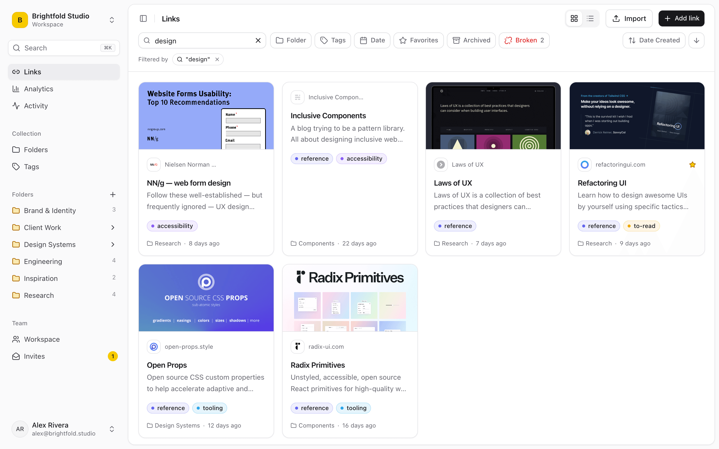 Search and filters in Linkbry narrowing a library down to matching links.