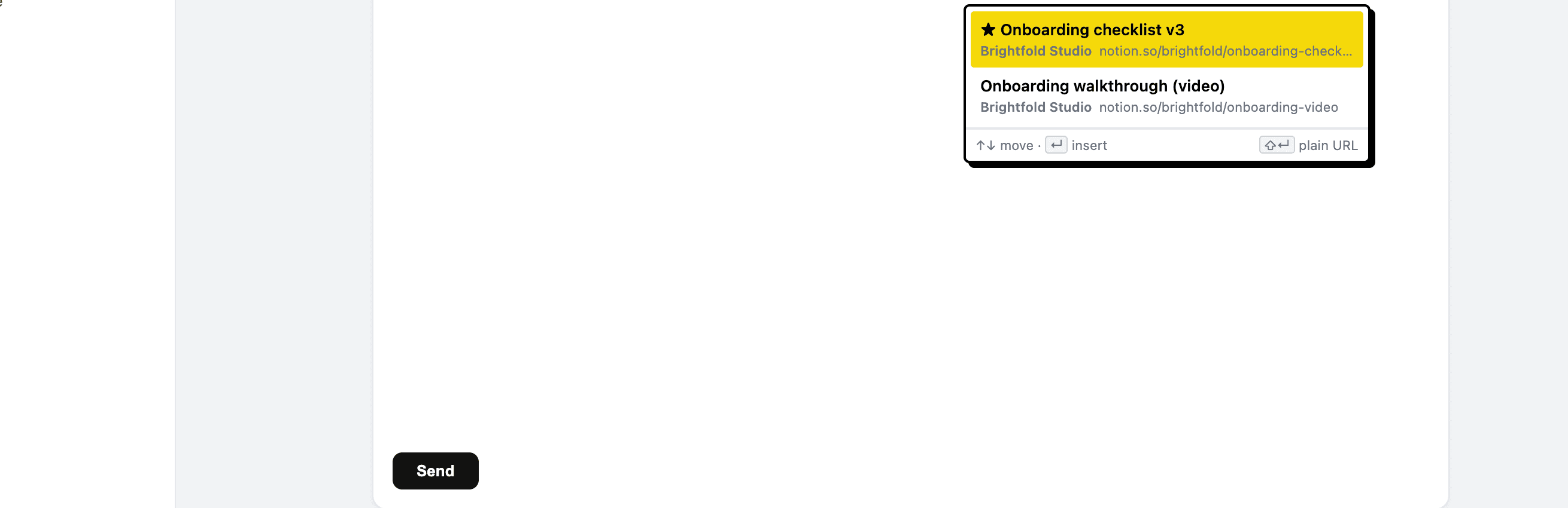 Typing a shortcut inside an email composer brings up the Linkbry picker, filtered to matching saved links, ready to insert.